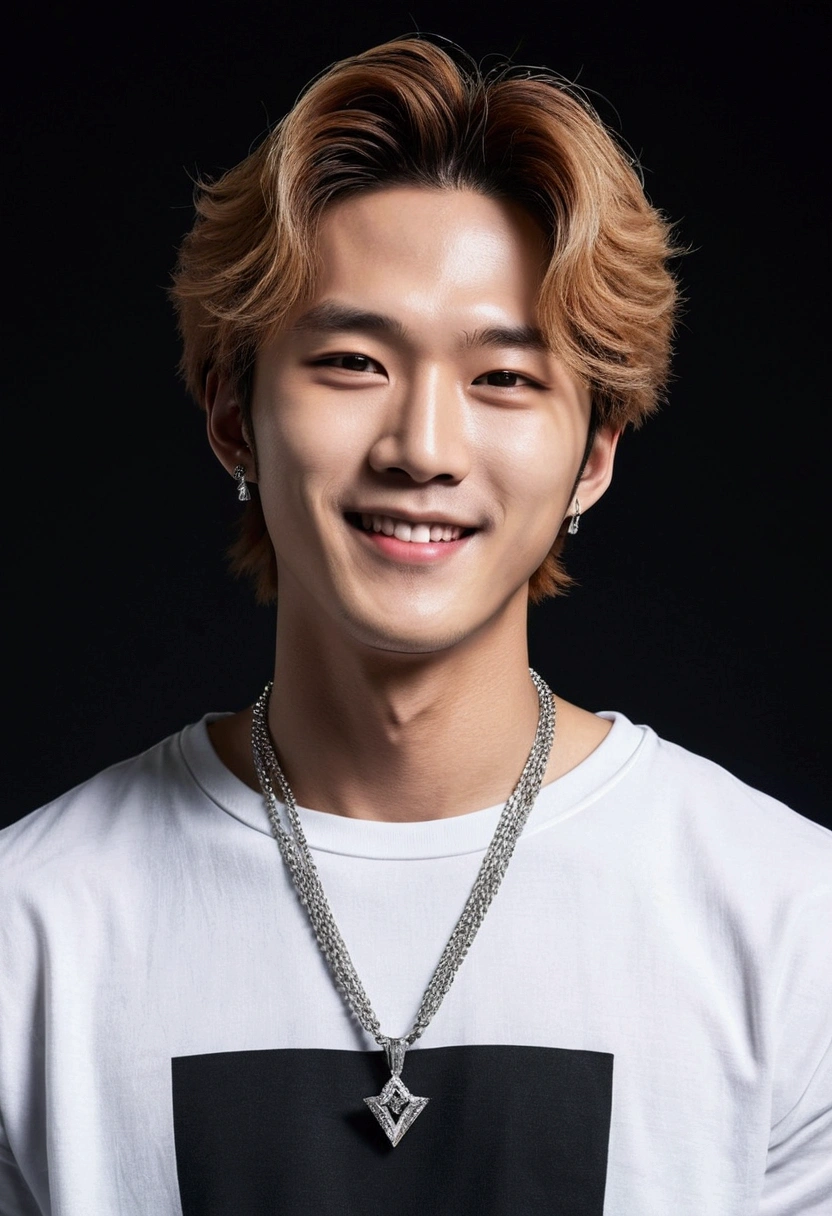 Masterpiece of photography, a Korean idol K-pop, look handsomeman and cool, straight hair, wear fashion platinum necklace, little smile, wear casual clothes, on black gradient background, high detail, photorealism