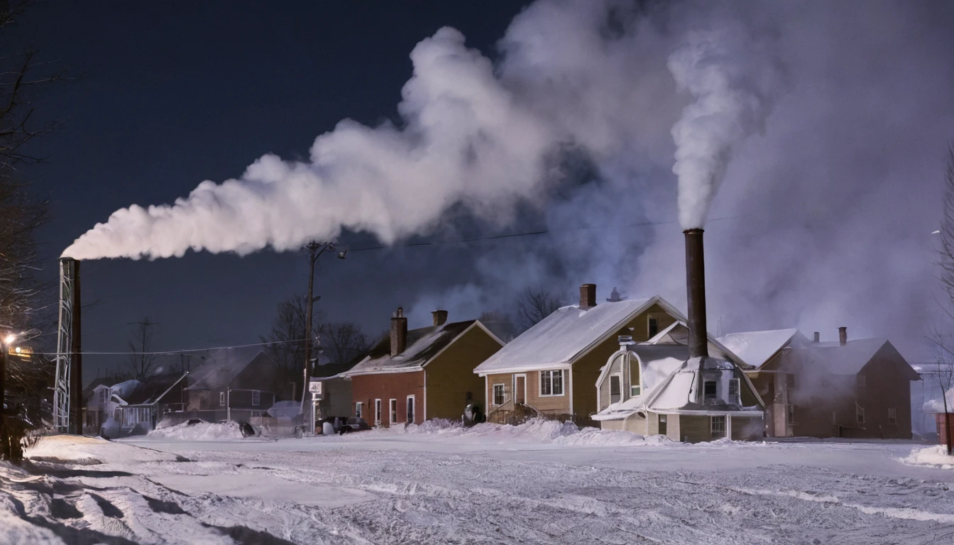 Next to the neighborhood in the dark,Steam billows from the huge heating pipes