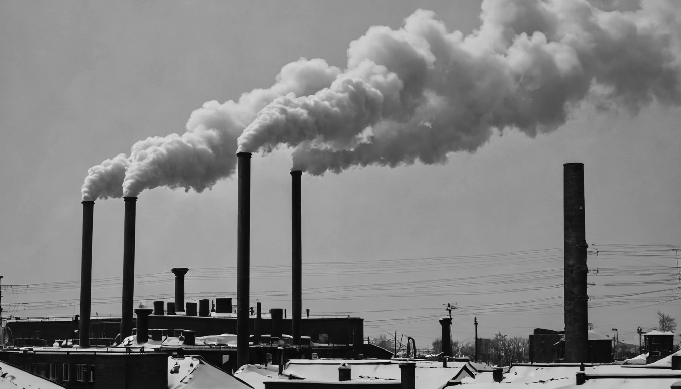 Next to the neighborhood in the dark,Steam billows from the huge heating pipes