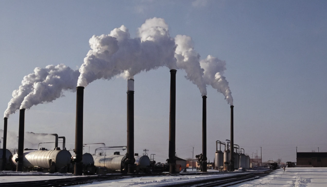 Next to the neighborhood in the dark，Steam billows from the huge heating pipes