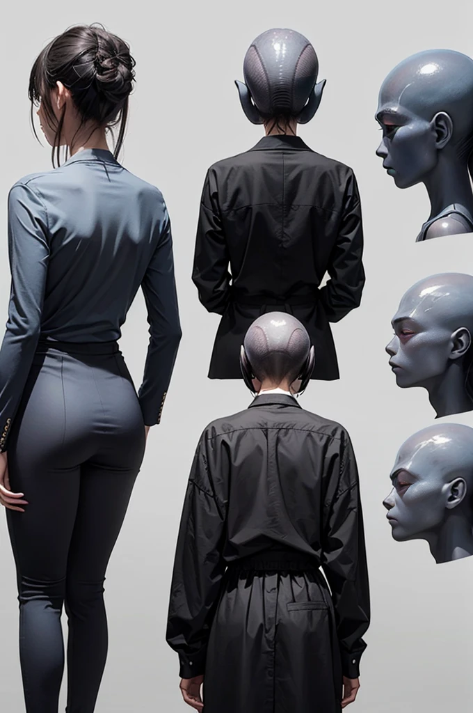 (((Masterpiece))), (high quality), one beautiful alien girl, 15 years old,(A grey type alien standing backwards:1.5),(5 heads,Back view,Plain background:1.5),(5 heads、five-headed body:1.5)、(There's only one alien、5 heads:1.5)