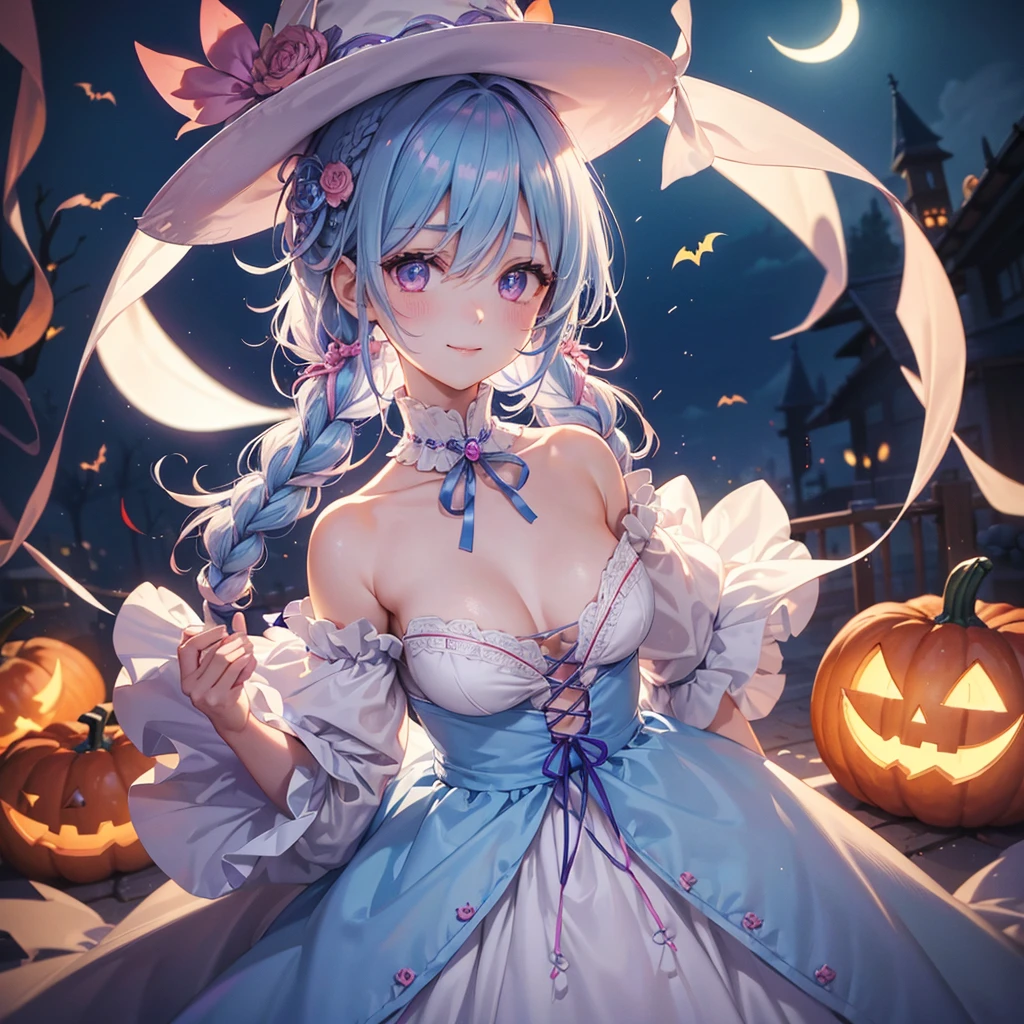 (Light blue medium hair),(Braided hair tied together)、Pink eyes、Fair skin、cowboy shot、Halloween、The background is a pumpkin ghost、Crescent Moon、Trick or Treat、A lot of sweets、witch、Halloween night、Candy、Cosplay、A surprising smile、solo、(masterpiece、Highest quality、Very detailed、Best Shadow)、(Detailed Background)、(Beautifully detailed face)、High contrast、(Best lighting、Very delicate and beautiful)、(Cinematic Light)、colorful、Hyper Detail、Dramatic Light、Exquisite detail、