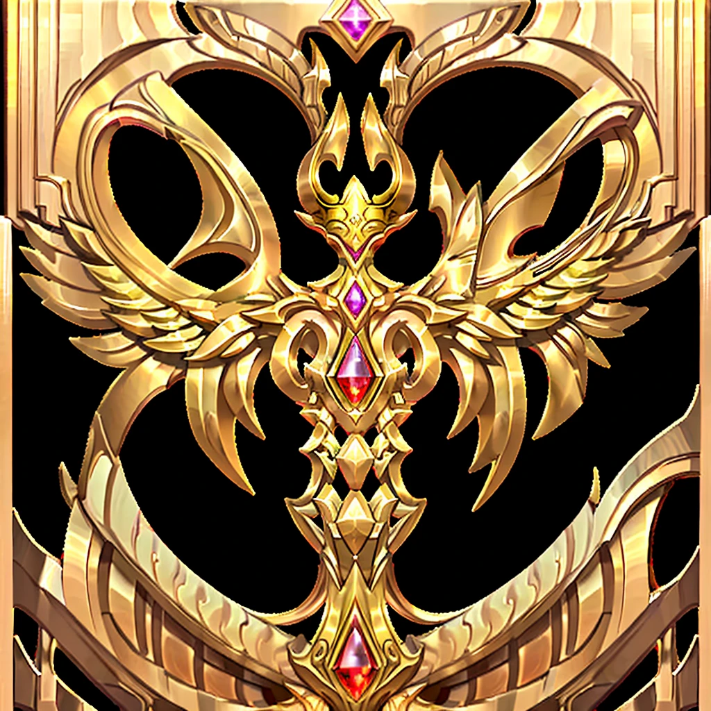 A majestic golden frame, adorned with a crown and wings, radiates with a warm glow, symbolizing victory and achievement. The central ruby gem sparkles with a fiery intensity, adding a touch of elegance and power.

[Digital art, stylized, inspired by game UI design], [High contrast, sharp edges, glowing highlights, black background, intricate details, focus on the center of the frame]