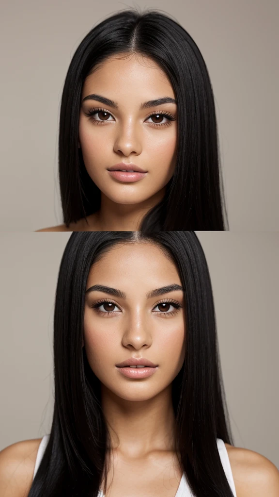 a beautiful young woman in her twenties, with Latino and Italian features. She has long, straight black hair that falls freely over her shoulders. Her face has soft and balanced contours. She has large, well-defined, dark brown eyes with long, thick eyelashes, and well-arched, full black eyebrows. His nose is straight and slightly refined, proportionate to his face. Her lips are full and defined, with a natural color, and they are closed, contributing to her neutral expression. Her skin is matte, smooth and without visible imperfections. It was taken with a studio camera. The background is completely white