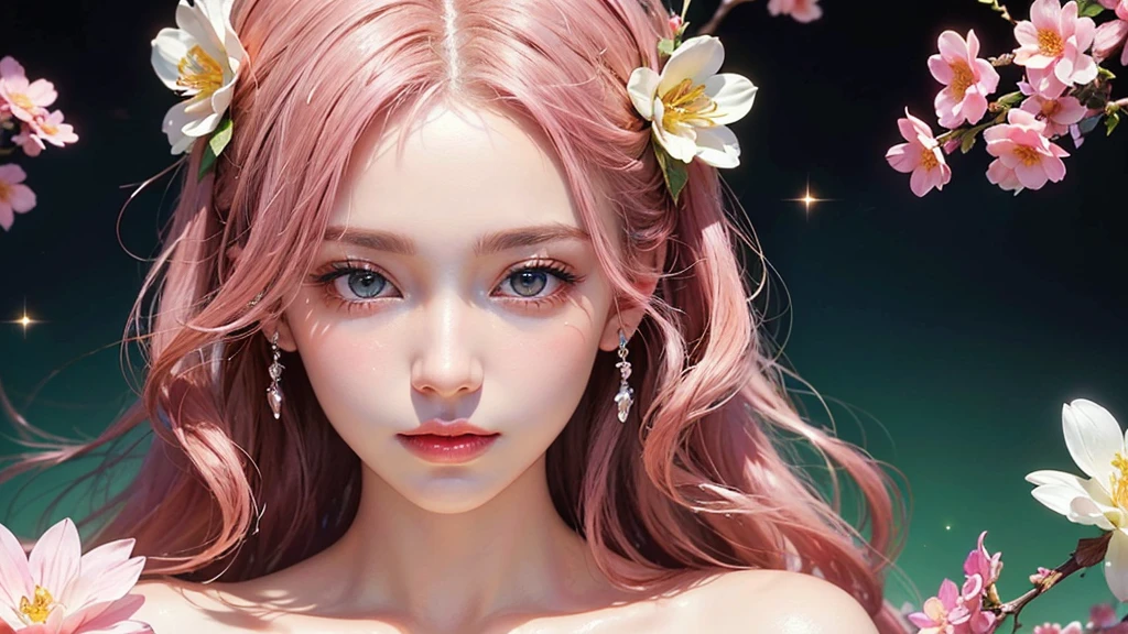One girl, alone, flower畑, flower, (Official Art, unity 8k wallpaper, Super detailed, beautifully、aesthetic, masterpiece ,Highest quality:1.3), (Dynamic Angle:1.2), (Floating colorful sparkles:1) , elegant, Vibrant colors, Highly detailed face, Detailed eyes, Glowing Skin, Glossy Lips , Pale pink and pale orange background, Pink Hair,