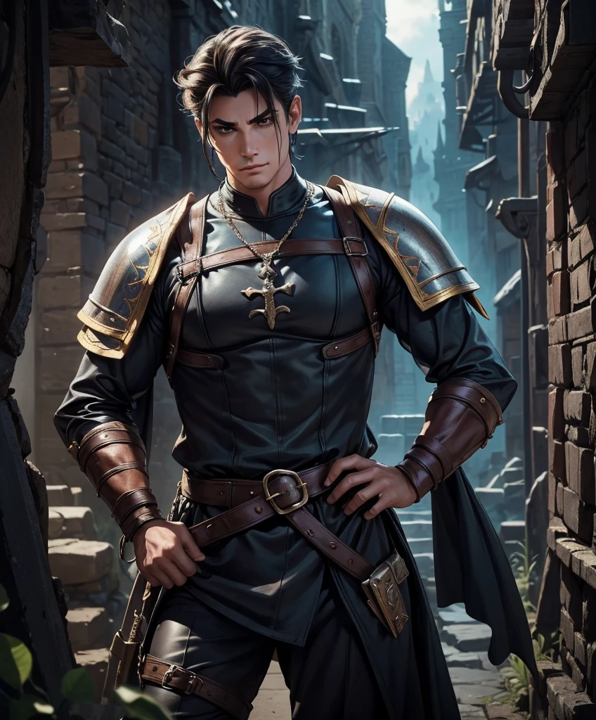 score_9, score_8_up, score_8,  (((Single character image.))) (((1boy))) (((Dressed in medieval fantasy attire.)))   (((This male character is sexy and virile.))) Generate a powerful male warrior for a fantasy setting.  He looks like Adam Senn re-imagined as a powerful fantasy character..  He should look the part of a powerful, sexy hero who is an epic and powerful fantasy character.  The background to the image is a dark and erotic dungeon.