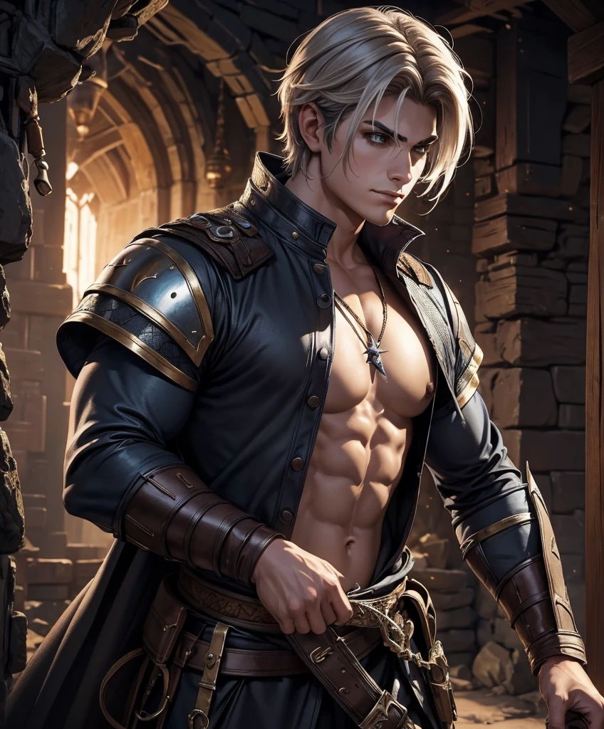 score_9, score_8_up, score_8,  (((Single character image.))) (((1boy))) (((Dressed in medieval fantasy attire.)))   (((This male character is sexy and virile.))) Generate a powerful male warrior for a fantasy setting.  He looks like Adam Senn re-imagined as a powerful fantasy character..  He should look the part of a powerful, sexy hero who is an epic and powerful fantasy character.  The background to the image is a dark and erotic dungeon.