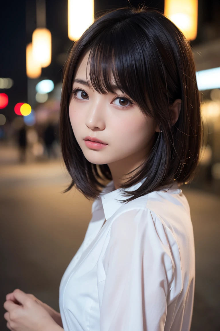 masterpiece、1 beautiful girl、Detailed eyes、Puffy eyes、Highest quality, 超High resolution, (Reality: 1.4), Cinema Lighting、Japanese、Asian Beauty、Korean、Super Beauty、Beautiful Skin、Slender、Body facing forward、(Surreal)、(High resolution)、(8k)、(Very detailed)、(Beautiful and detailed eyes)、(Ultra-detailed)、 (wallpaper)、Detailed face、Bright lighting、Professional Lighting、View your viewers、Look straight ahead、Dress code: A clean shirt and dress....、46 point diagonal bangs、Night Scenery、Brown Hair、Nogizaka Idol、Korean Idol、Gravure idol pose、、Age 25、expensive,