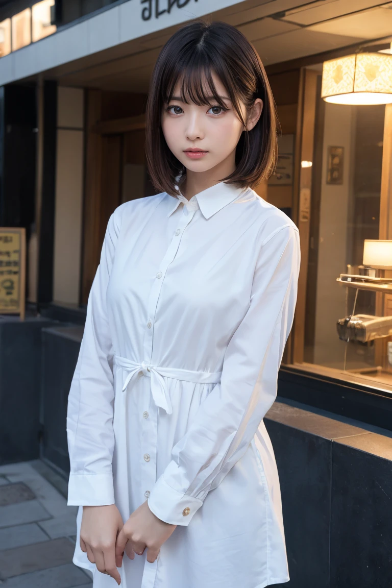 masterpiece、1 beautiful girl、Detailed eyes、Puffy eyes、Highest quality, 超High resolution, (Reality: 1.4), Cinema Lighting、Japanese、Asian Beauty、Korean、Super Beauty、Beautiful Skin、Slender、Body facing forward、(Surreal)、(High resolution)、(8k)、(Very detailed)、(Beautiful and detailed eyes)、(Ultra-detailed)、 (wallpaper)、Detailed face、Bright lighting、Professional Lighting、View your viewers、Look straight ahead、Dress code: A clean shirt and dress....、46 point diagonal bangs、Night Scenery、Brown Hair、Nogizaka Idol、Korean Idol、Gravure idol pose、、Age 25、expensive,