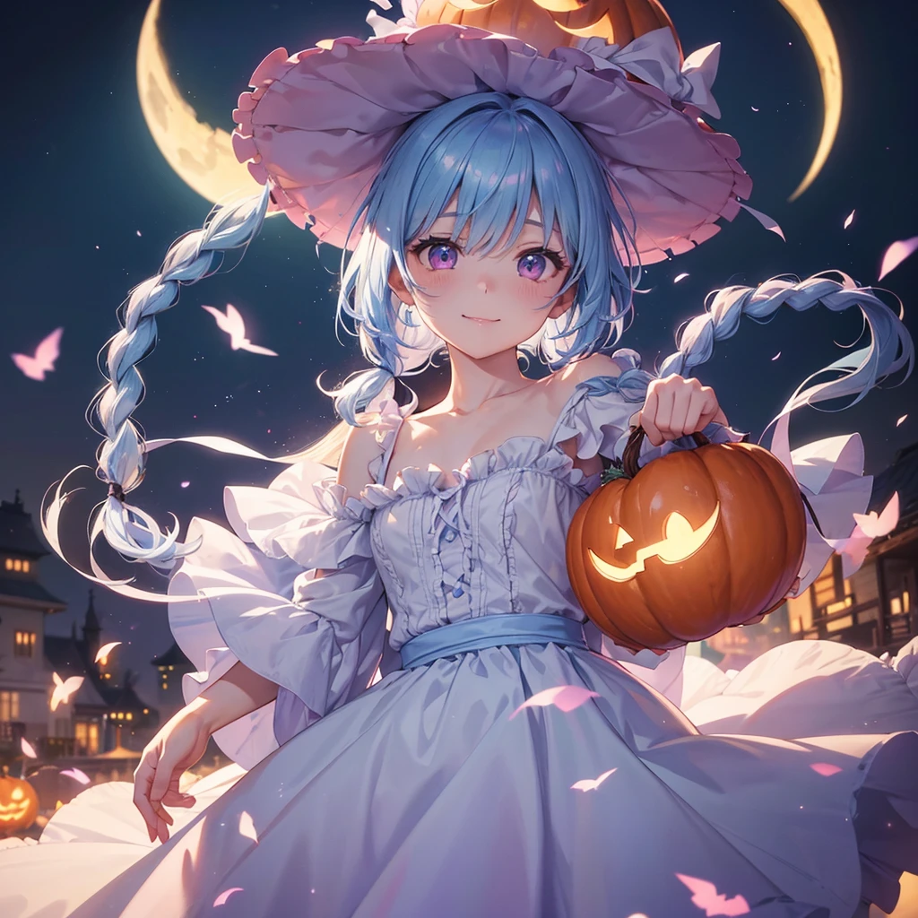 (Light blue medium hair),(Braided hair tied together)、Pink eyes、Fair skin、cowboy shot、Halloween、The background is a pumpkin ghost、Crescent Moon、Trick or Treat、A lot of sweets、witch、Halloween night、Candy、Cosplay、A surprising smile、solo、(masterpiece、Highest quality、Very detailed、Best Shadow)、(Detailed Background)、(Beautifully detailed face)、High contrast、(Best lighting、Very delicate and beautiful)、(Cinematic Light)、colorful、Hyper Detail、Dramatic Light、Exquisite detail、