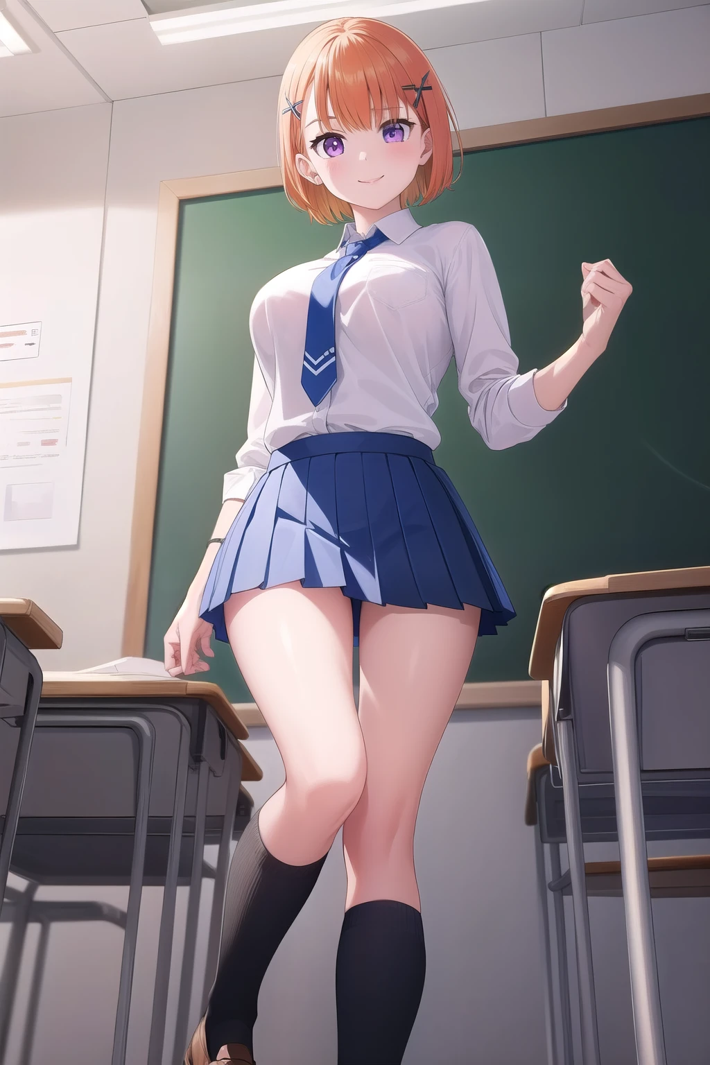 ((masterpiece)),(Highest quality),Official Art,Highly detailed CG,unity 8k wallpaper,Super detailed,Beautiful attention to detail,Highly detailed face, One girl, (Portraiture:1.5),View your viewers,In-person audience,smile,(yurikawa hana), (short hair: 1.2), Orange Hair,x Hair accessories,Asymmetrical bangs,Purple eyes,,Sleeves are longer than the wrist,Collared shirt,White shirt,Long sleeve,Rolled up my sleeves,Blue tie,Large Breasts, (mini skirt: 1.3), Blue Skirt, Pleated skirt, (Black high socks), loafers, full body, from below, standing, classroom