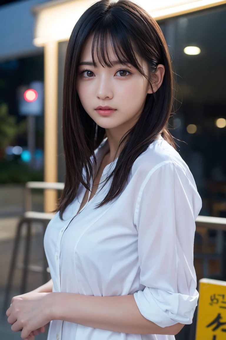 masterpiece、1 beautiful girl、Detailed eyes、Puffy eyes、Highest quality, 超High resolution, (Reality: 1.4), Cinema Lighting、Japanese、Asian Beauty、Korean、Super Beauty、Beautiful Skin、Slender、Body facing forward、(Surreal)、(High resolution)、(8k)、(Very detailed)、(Beautiful and detailed eyes)、(Ultra-detailed)、 (wallpaper)、Detailed face、Bright lighting、Professional Lighting、View your viewers、Look straight ahead、Dress code: A clean shirt and dress....、46 point diagonal bangs、Night Scenery、Brown Hair、Nogizaka Idol、Korean Idol、Gravure idol pose、、Age 25、expensive,