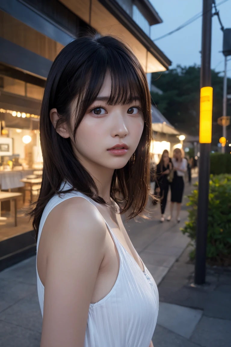 masterpiece、1 beautiful girl、Detailed eyes、Puffy eyes、Highest quality, 超High resolution, (Reality: 1.4), Cinema Lighting、Japanese、Asian Beauty、Korean、Super Beauty、Beautiful Skin、Slender、Body facing forward、(Surreal)、(High resolution)、(8k)、(Very detailed)、(Beautiful and detailed eyes)、(Ultra-detailed)、 (wallpaper)、Detailed face、Bright lighting、Professional Lighting、View your viewers、Look straight ahead、Dress code: A clean shirt and dress....、46 point diagonal bangs、Night Scenery、Brown Hair、Nogizaka Idol、Korean Idol、Gravure idol pose、、Age 25、expensive,