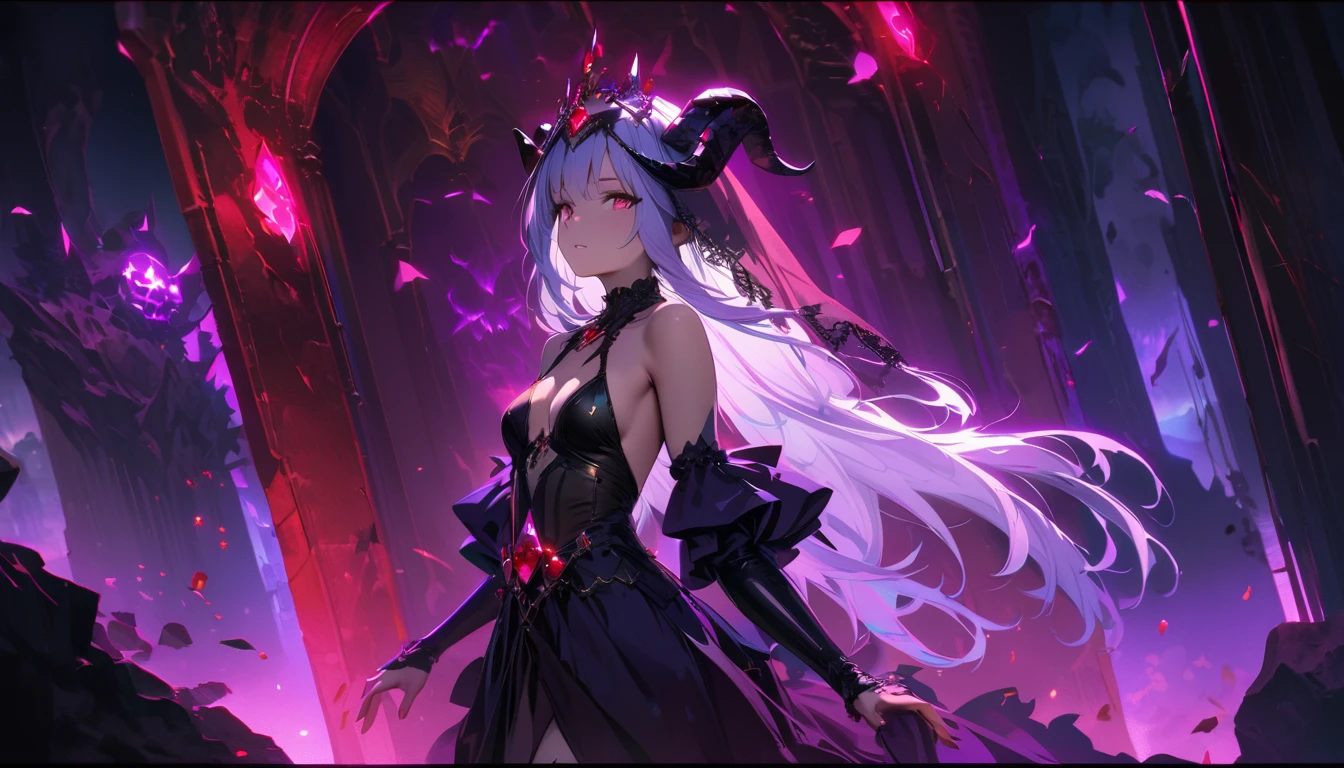 masterpiece, Best quality, 1 girl,photo, Studio photography, from the waist up, upper body, Shoulders back, long hair covers shoulders, headband with black roses and veil, tiara of bloodstones and rubies with black metal, pale-skinned woman with a seductive expression, iridescent skin, Succubus, Twisted Horns, on a throne of stone spikes in the underworld, underworld, afterlife, Surrounded by demons, dark atmosphere, purple lighting, light rays, skull, iridescent scepter, the evening Mediterranean light casts a warm glow on her porcelain skin., High-resolution image, digital painting, Spiritual peace, golden ratio composition, cowboy shot, brilliant, brilliant hair, (night:1.2),Dreamy, [[gentle fingers and hands:0.55]::0.85],(detailed fingers),),(emotional),(breathtaking),(main part:1.2) whole body.), (Anime Style), (Super Detailed), (brutal), (uhd, HDR), (8k), (High Resolution: 1.2), (Complex and Beautiful: 1.2)