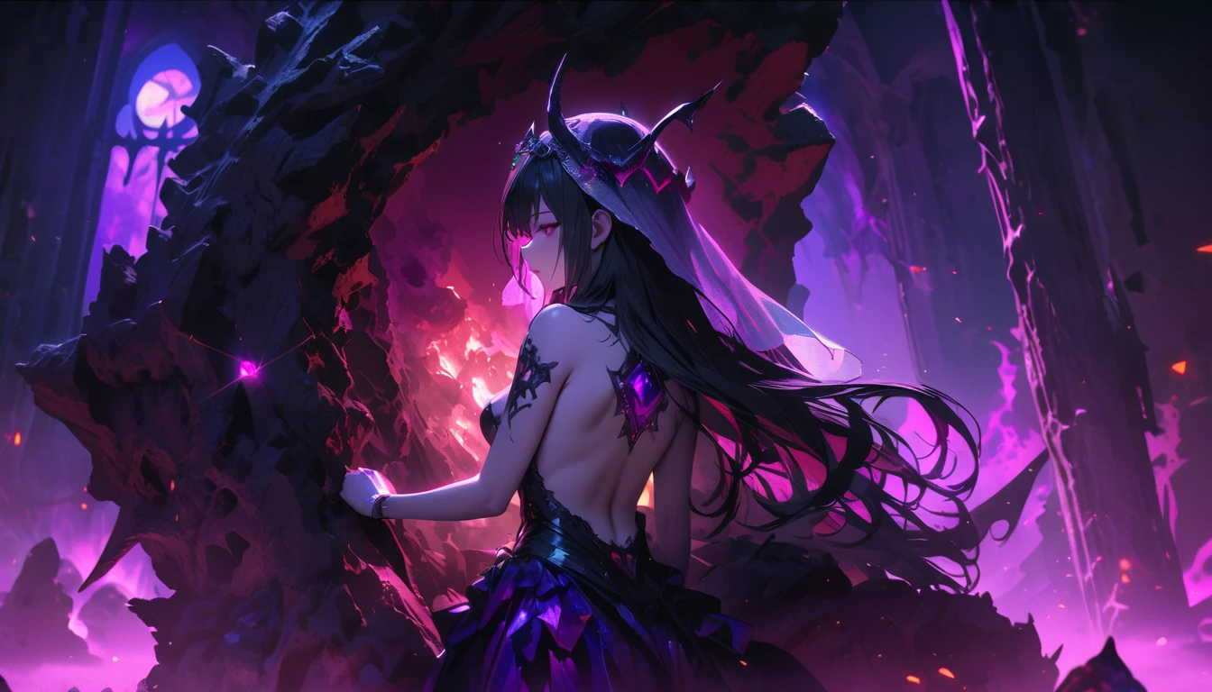 masterpiece, Best quality, 1 girl,photo, Studio photography, from the waist up, upper body, Shoulders back, long hair covers shoulders, headband with black roses and veil, tiara of bloodstones and rubies with black metal, pale-skinned woman with a seductive expression, iridescent skin, Succubus, Twisted Horns, on a throne of stone spikes in the underworld, underworld, afterlife, Surrounded by demons, dark atmosphere, purple lighting, light rays, skull, iridescent scepter, the evening Mediterranean light casts a warm glow on her porcelain skin., High-resolution image, digital painting, Spiritual peace, golden ratio composition, cowboy shot, brilliant, brilliant hair, (night:1.2),Dreamy, [[gentle fingers and hands:0.55]::0.85],(detailed fingers),),(emotional),(breathtaking),(main part:1.2) whole body.), (Anime Style), (Super Detailed), (brutal), (uhd, HDR), (8k), (High Resolution: 1.2), (Complex and Beautiful: 1.2)