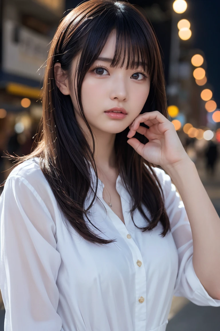 masterpiece、1 beautiful girl、Detailed eyes、Puffy eyes、Highest quality, 超High resolution, (Reality: 1.4), Cinema Lighting、Japanese、Asian Beauty、Korean、Super Beauty、Beautiful Skin、Slender、Body facing forward、(Surreal)、(High resolution)、(8k)、(Very detailed)、(Beautiful and detailed eyes)、(Ultra-detailed)、 (wallpaper)、Detailed face、Bright lighting、Professional Lighting、View your viewers、Look straight ahead、Dress code: A clean shirt and dress....、46 point diagonal bangs、Night Scenery、Brown Hair、Nogizaka Idol、Korean Idol、Gravure idol pose、、Age 25、expensive,
