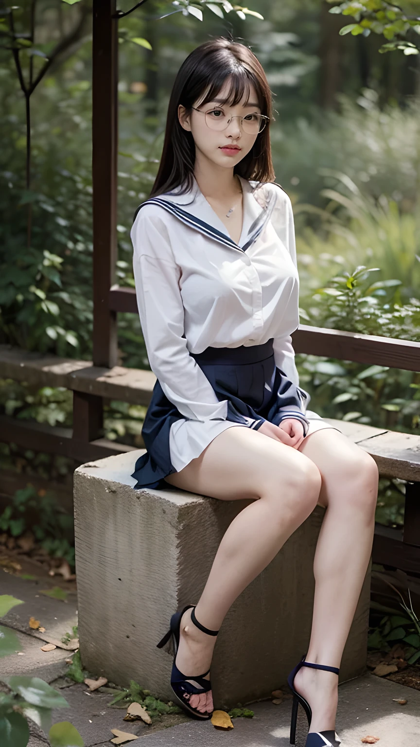 detailed_background, detailed_body, realistic, full body view, 1 girl solo, eye glasses, blushes, dark forest background, straight black hair, blunt bangs, cleavage, bigboobs, large_tits, heels, small waist, see-through white sailor uniform, sailor_serafuku, crotch, groin, pleated_skirt, sitting, panty_shot, cleavage , gray hair