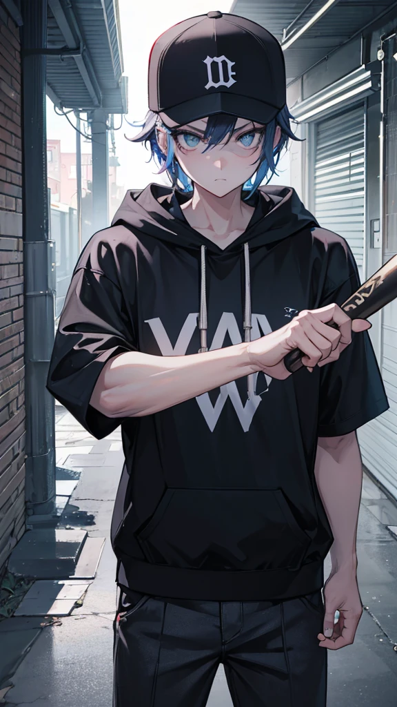 Holding a baseball bat, Alley, Condescending Gaze, builtupnecklinehoodie, look down, Glare, baseball bat, swing a baseball bat, cinematic lighting, UHD, best quality, highres, 8k
