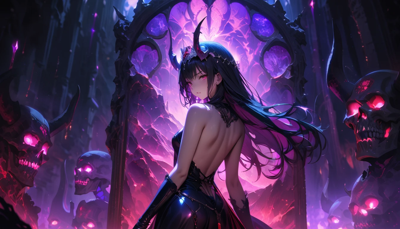 masterpiece, Best quality, 1 girl,photo, Studio photography, from the waist up, upper body, Shoulders back, long hair covers shoulders, headband with black roses and veil, tiara of bloodstones and rubies with black metal, pale-skinned woman with a seductive expression, iridescent skin, Succubus, Twisted Horns, on a throne of stone spikes in the underworld, underworld, afterlife, Surrounded by demons, dark atmosphere, purple lighting, light rays, skull, iridescent scepter, the evening Mediterranean light casts a warm glow on her porcelain skin., High-resolution image, digital painting, Spiritual peace, golden ratio composition, cowboy shot, brilliant, brilliant hair, (night:1.2),Dreamy, [[gentle fingers and hands:0.55]::0.85],(detailed fingers),),(emotional),(breathtaking),(main part:1.2) whole body.), (Anime Style), (Super Detailed), (brutal), (uhd, HDR), (8k), (High Resolution: 1.2), (Complex and Beautiful: 1.2)