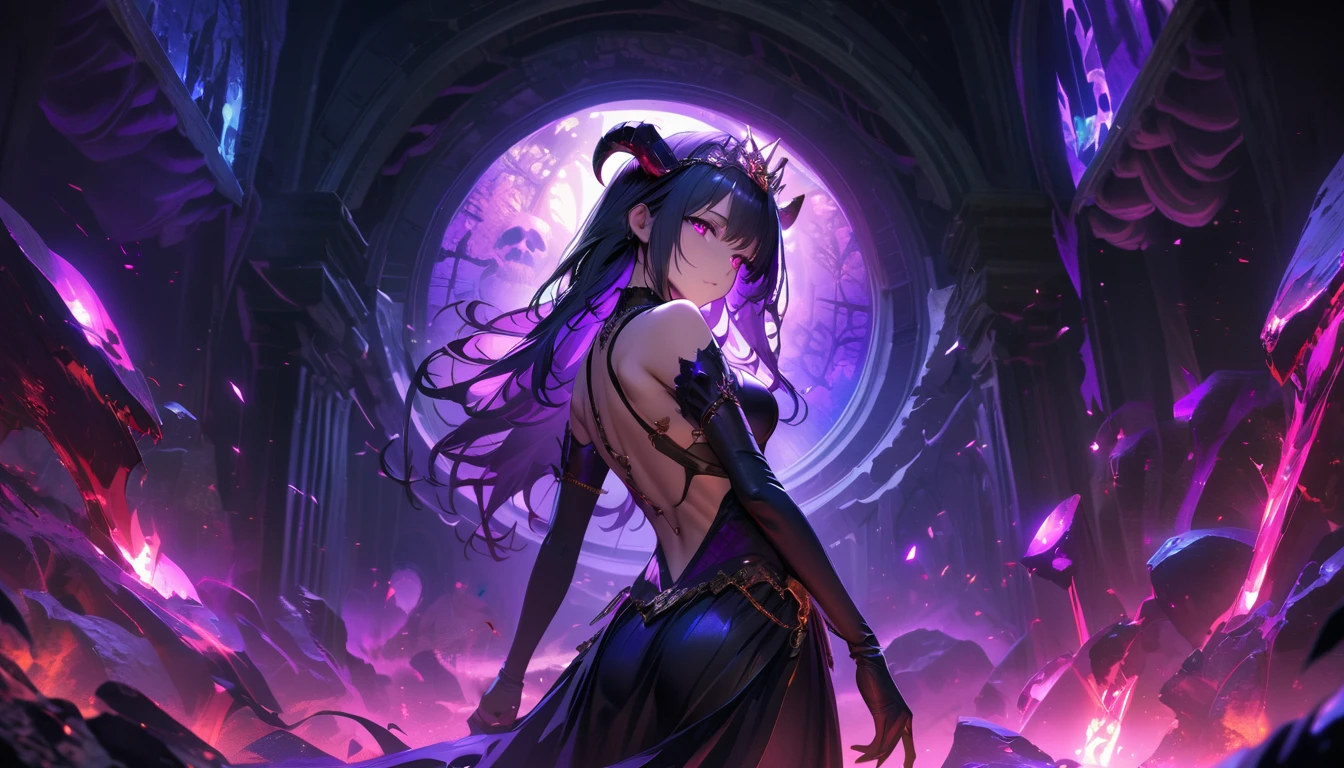 masterpiece, Best quality, 1 girl,photo, Studio photography, from the waist up, upper body, Shoulders back, long hair covers shoulders, headband with black roses and veil, tiara of bloodstones and rubies with black metal, pale-skinned woman with a seductive expression, iridescent skin, Succubus, Twisted Horns, on a throne of stone spikes in the underworld, underworld, afterlife, Surrounded by demons, dark atmosphere, purple lighting, light rays, skull, iridescent scepter, the evening Mediterranean light casts a warm glow on her porcelain skin., High-resolution image, digital painting, Spiritual peace, golden ratio composition, cowboy shot, brilliant, brilliant hair, (night:1.2),Dreamy, [[gentle fingers and hands:0.55]::0.85],(detailed fingers),),(emotional),(breathtaking),(main part:1.2) whole body.), (Anime Style), (Super Detailed), (brutal), (uhd, HDR), (8k), (High Resolution: 1.2), (Complex and Beautiful: 1.2)