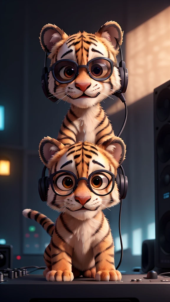 Generate an image of a very hairy tiger cub with headphones in his ear listening to electronic music with sunglasses, very happy in front of a DJ table with fairy lights
