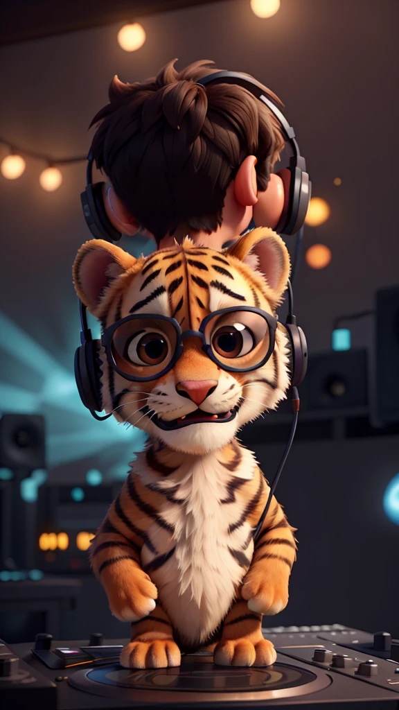 Generate an image of a very hairy tiger cub with headphones in his ear listening to electronic music with sunglasses, very happy in front of a DJ table with fairy lights