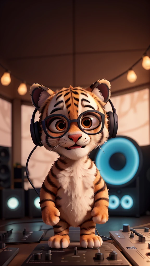 Generate an image of a very hairy tiger cub with headphones in his ear listening to electronic music with sunglasses, very happy in front of a DJ table with fairy lights