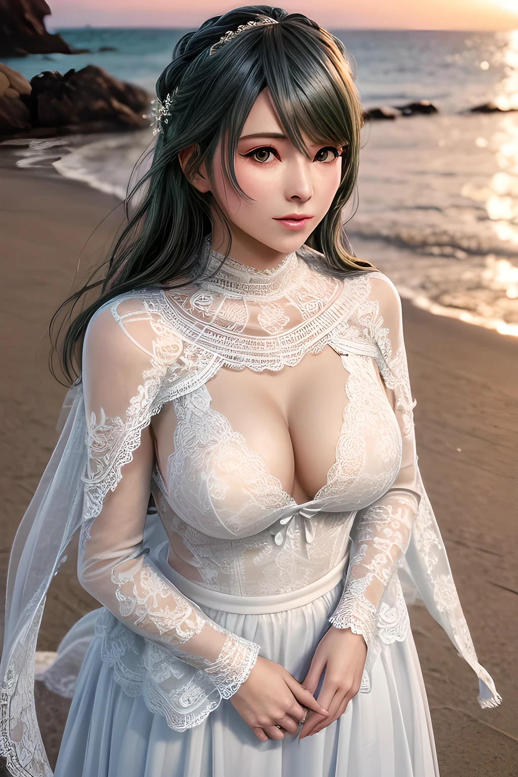 1girl , wearing a wedding dress with a sweetheart neckline on the upper part,(( a beautiful lace shawl)), and long sleeves that add to her elegance,outdoors,At the seaside at sunset,huge breasts,Tamaki,