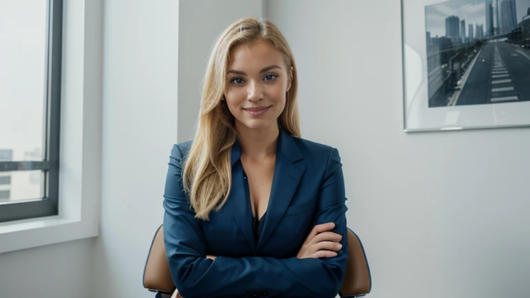 Very attractive blonde woman in an expensive business suit. blue eyes, facing the camera. In an expensive appartment. Sitting in an office chair, facing the camera. Smiling.