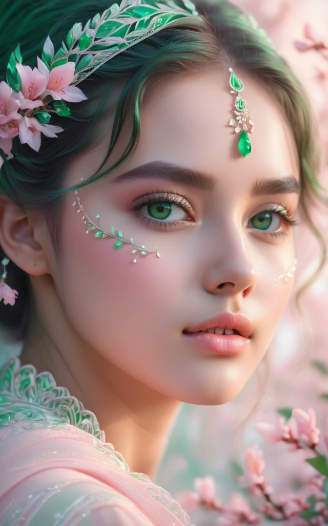 (best quality, 4K, 8K, high-resolution, masterpiece), ultra-detailed, colorful pastel, beautiful young woman, digital art, detailed facial features, light pink tones, emerald tones, charming character illustrations, soft focus, intricate design, gentle expression, ethereal atmosphere, vibrant colors, delicate details, artistic elegance, high detail, high resolution.