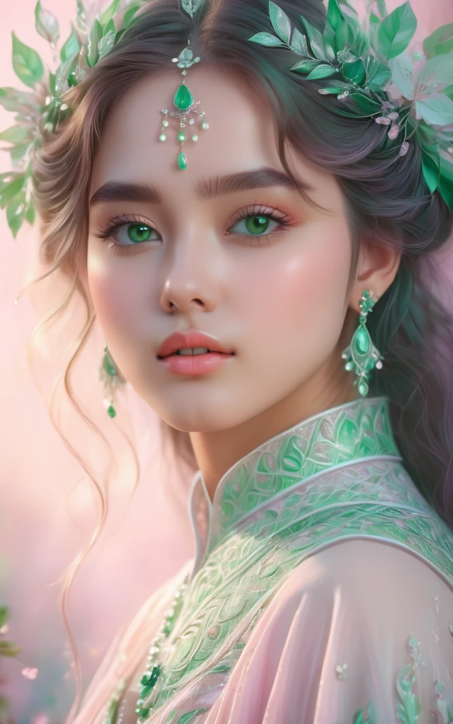 (best quality, 4K, 8K, high-resolution, masterpiece), ultra-detailed, colorful pastel, beautiful young woman, digital art, detailed facial features, light pink tones, emerald tones, charming character illustrations, soft focus, intricate design, gentle expression, ethereal atmosphere, vibrant colors, delicate details, artistic elegance, high detail, high resolution.
