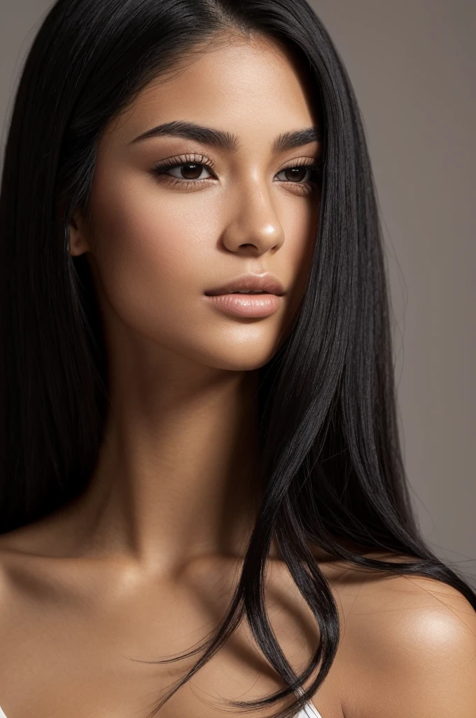 a magnificent young woman in her twenties, with Latino features. She has long, straight black hair that falls freely over her shoulders.  Her face has soft and balanced contours. She has large, well-defined, dark brown eyes with long, thick eyelashes, and well-arched, full black eyebrows. His nose is straight and slightly refined, proportionate to his face. Her lips are full and defined, with a natural color, and they are closed, contributing to her neutral expression. 
Her skin is matte, smooth and without visible imperfections. It was taken with a studio camera. The background is completely white