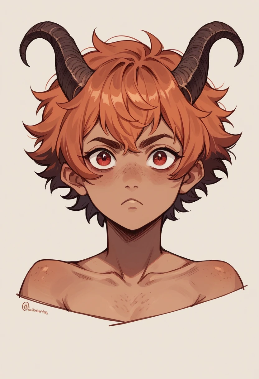 masterpiece, best quality, 1girl, stubby horns, loungewear, short hair, ruby eyes, copper hair, :o, tan skin, two-tone background, fantasy of terror