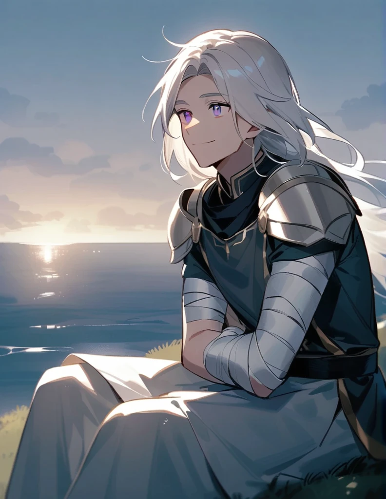 Greek boy with shoulder-length long white hair, violet eyes, one arm covered in bandages, silver shoulder pads and walking in a grass fieldVista lateral,