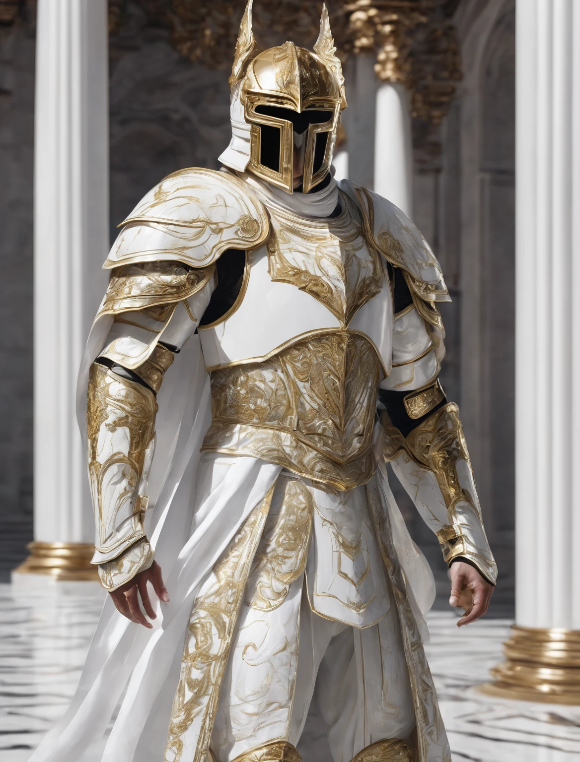 a man wearing a white volto glossy mask, marble texture, white environment, man dressed in white and gold armour, white garments, white pillars, extremely white, intricate details, hyperrealistic, cinematic lighting, dramatic shadows, volumetric lighting, beautiful detailed, extremely detailed, sharp focus, photorealistic, ultra-detailed, 8k, high quality