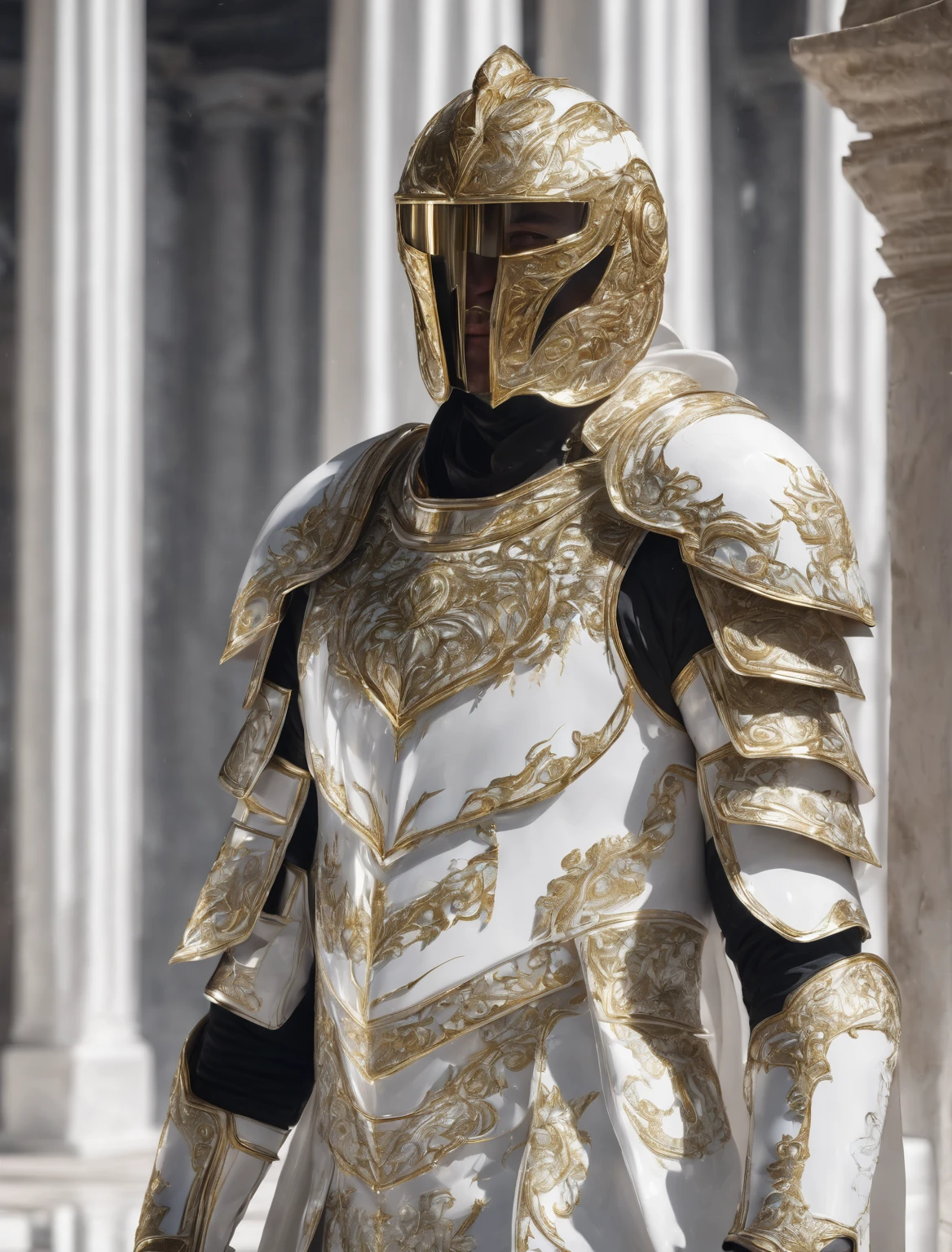 a man wearing a white volto glossy mask, marble texture, white environment, man dressed in white and gold armour, white garments, white pillars, extremely white, intricate details, hyperrealistic, cinematic lighting, dramatic shadows, volumetric lighting, beautiful detailed, extremely detailed, sharp focus, photorealistic, ultra-detailed, 8k, high quality
