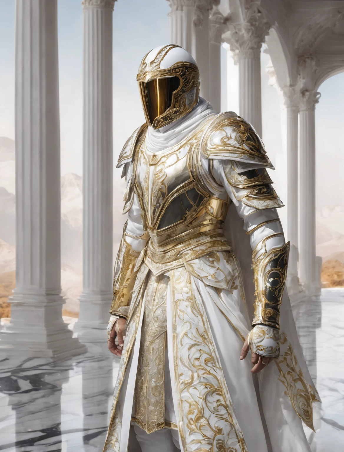 a man wearing a white volto glossy mask, marble texture, white environment, man dressed in white and gold armour, white garments, white pillars, extremely white, intricate details, hyperrealistic, cinematic lighting, dramatic shadows, volumetric lighting, beautiful detailed, extremely detailed, sharp focus, photorealistic, ultra-detailed, 8k, high quality