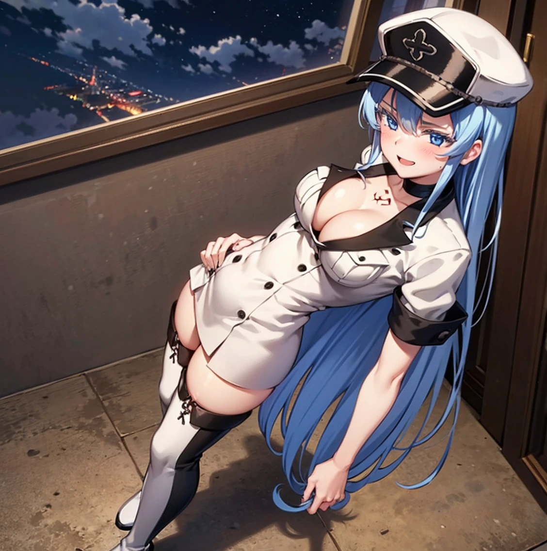 ((1girl)),((alone)), esdeath,(masterpiece), (best quality), (ultra detailed), (best illustration), (best shadow), (absurdities), sharp focus, cowboy photo, looking at viewer, big breasts, narrow waist, wide hips, medium thighs, round butt, dynamic posture, thigh high boots, white boots, long hair, blue hair, blue eyes, thighs, solo, very long hair, cleavage, tattoo on chest, white shoes, big breasts, military uniform, white uniform, cap with white visor, military cap, uniform, choker, zettai ryouiki, cloud, white thighs, white skin, smile, seductive smile, closed mouth, (sexy pose: 1.2), ((solo)), standing: 1.3, interior, castle, window, night, medieval landscape, looking forward ((focus on breasts)), point of view (from above), red blush, perfect anatomy , perfect hands