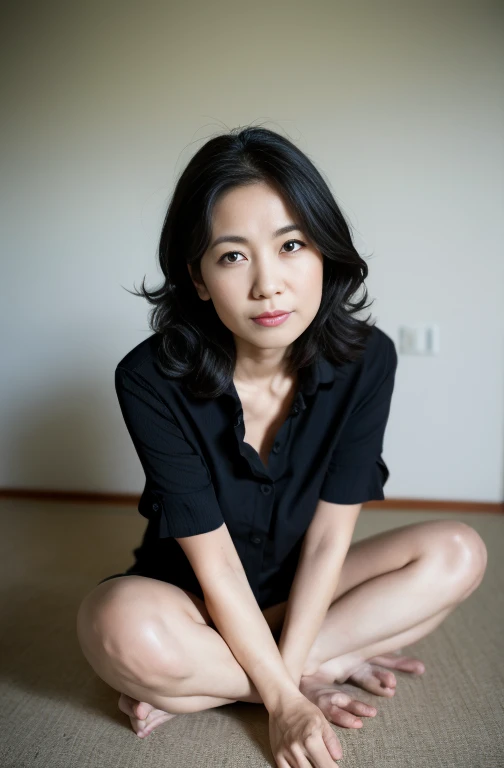 ((Best Quality, 8k, Masterpiece, Portrait: 1.3)), (looking at viewer),Photorealistic, Sharp Focus, Solo, Japan Milf, Beauty, Clothes with Cleavage View, 30 Years Old, Wavy Hair, Wrinkles at the Corners of the Eyes, ((Open your legs wide:1.5, Sit one knee up:1.5, show crotch)), (loose waist:0.5), darkness nobody room,