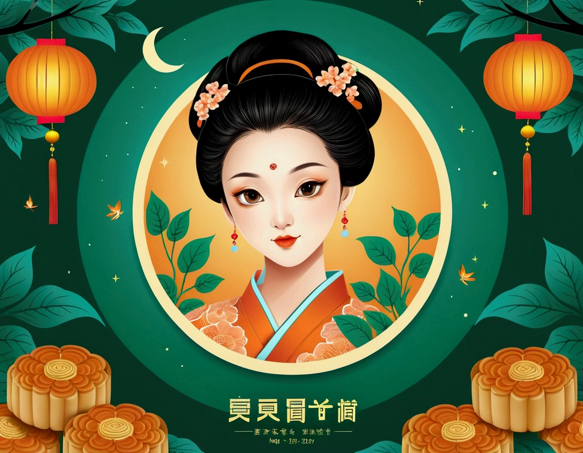 Mid-Autumn Festival poster design，girl，Cyan and Green，Delicious mooncakes，moon，orange color，big eyes，Cute expression，Two hair buns，cheongsam，Cartoon，Fresh，romantic，Simplicity，Modern design