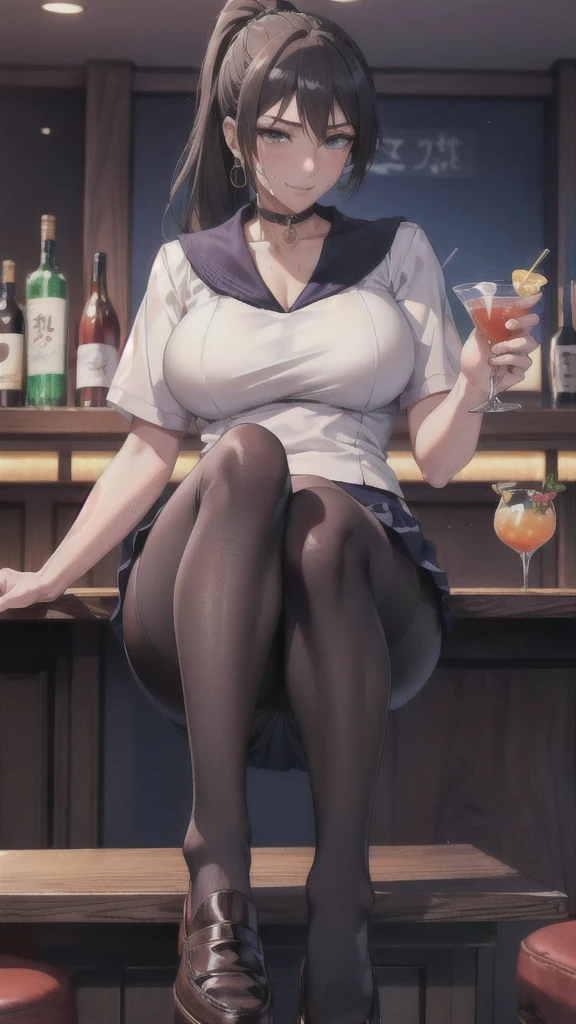 ((Correct Anatomy)),((Bar counter)),((Holding a cocktail glass)),((((Sailor suit)))),((Beautiful feet)),((White lace panties)),((A shy smile)),((mini skirt)),((Black Pantyhose)),((black tights)),((garter belt)),((high school girl)),Ultra-high resolution,Mature Woman, Mature Woman, Very detailed,Extremely fine skin,Beautiful Skin,((Sweating all over the body)),(Big Breasts),((Beautiful legs)),Perfect hands, Detailed fingers, Beautiful details, ((Long Hair)),((ponytail)),Black choker, Earrings,loafers,Luxury,Perfect Eyes, Captivating eyes