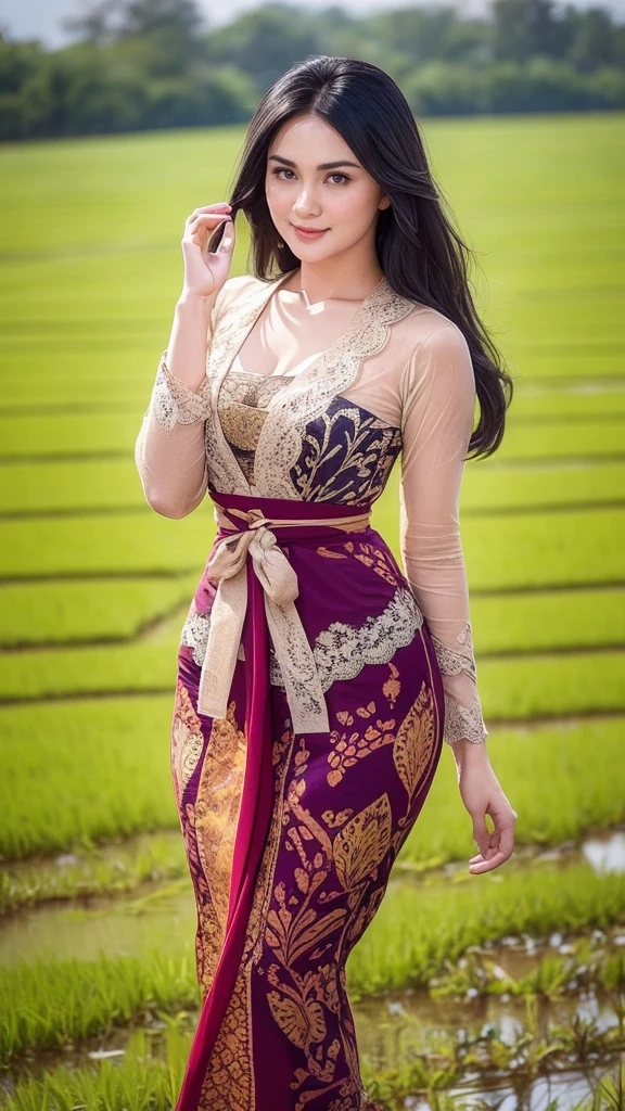 1girl, extremely beautiful, long black hair, olive skin, fit body, medium breasts, skintight lace kebaya, stand on the middle of rice field, full body, cleavage, tight batik pattern skirt, masterpiece, best quality, masterpiece, blurred background, archipelago, dynamic poses, perfect hands, perfect face, perfect details,