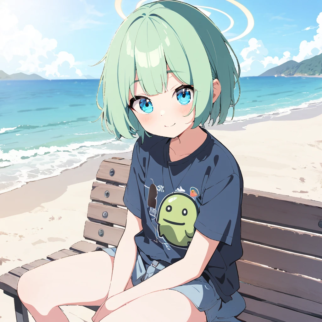 a  is sitting down on a bench along the beach, 1 girl, standing alone, Unclothed, plein-air,looking ahead at viewer, ssmile, sitting down, へそ, avo ,Sweet (blue archive), Unclothed nenhuma mostrando a vulva