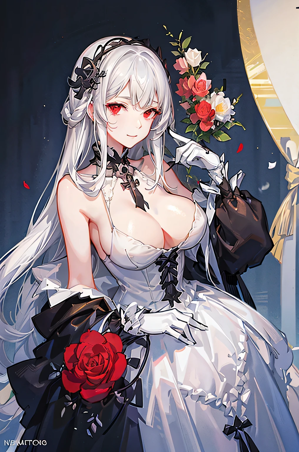 Female, 25year old, mature, seductive, white hair, ((white skeleton)), red flower, ((big boobs)) , illustration, 25 year old, bone, skull, ((bust-up)), red eyes, full black dress, black collar, luxurious,