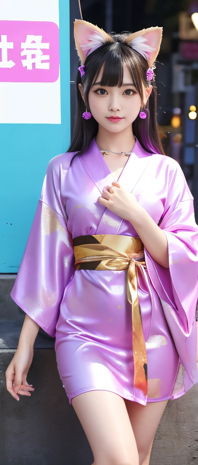 Cute and cool punk idol girl、whole body、Good style、、、、、、、、、、Thick legs、、Shiny pink purple and gold summer kimono dress(Cat Print)、Neat and clean idol face、summer night(Glowing)、