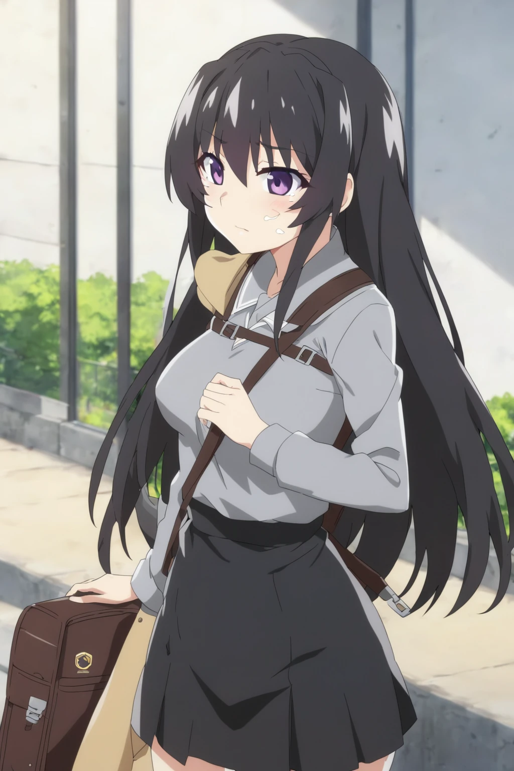 anime girl with a backpack and a mask on her face, purple eyes, anime moe artstyle, cute anime waifu in a nice dress, anime visual of a cute girl, beautiful anime high school girl, gray shirt, short skirt, anime girl with long hair, long straight hair, high quality anime artstyle, from girls frontline, anime style 4k, mature anime girl, anime girl wearing a black dress, kantai collection style,black shiny hair, normal breast