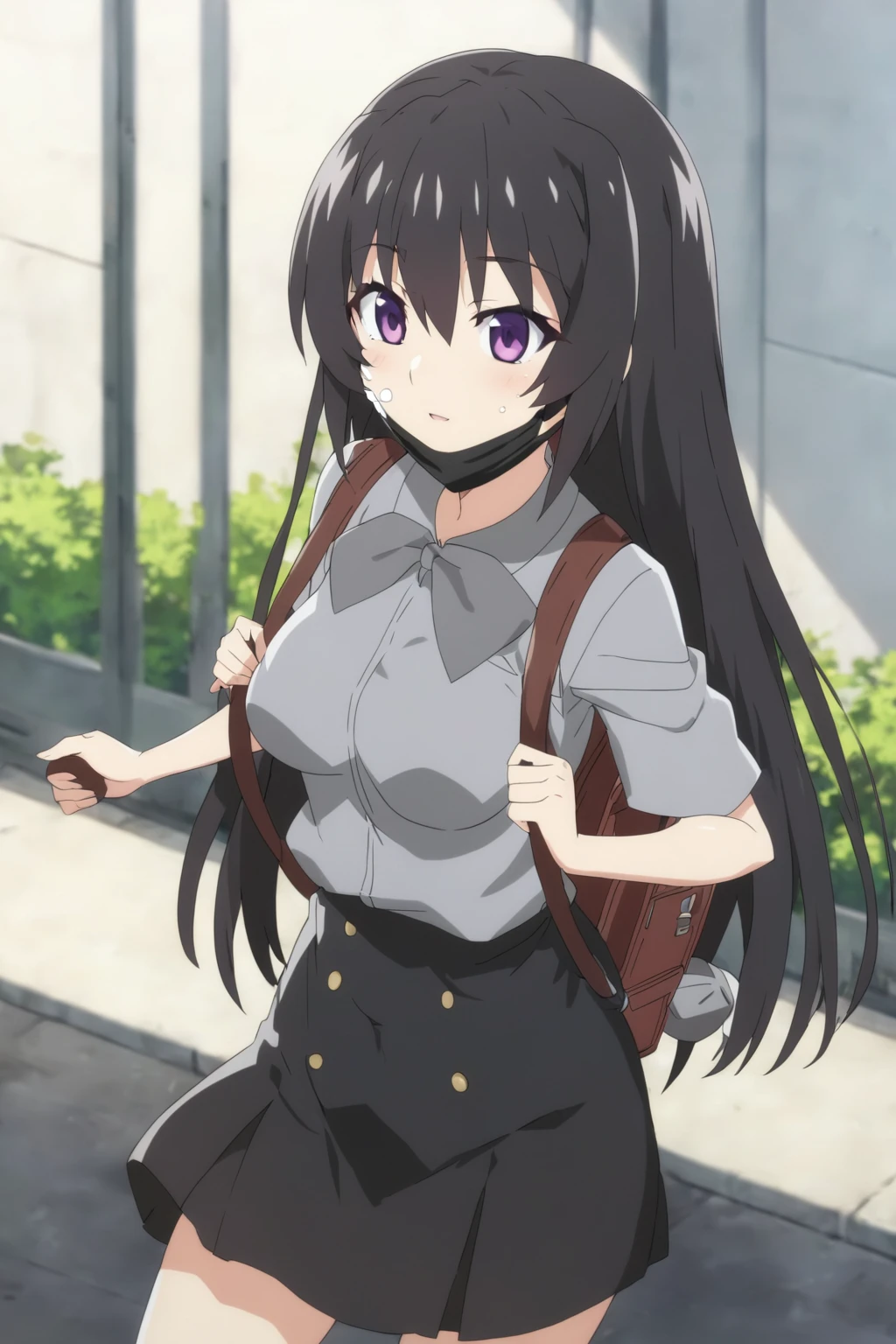 anime girl with a backpack and a mask on her face, purple eyes, anime moe artstyle, cute anime waifu in a nice dress, anime visual of a cute girl, beautiful anime high school girl, gray shirt, short skirt, anime girl with long hair, long straight hair, high quality anime artstyle, from girls frontline, anime style 4k, mature anime girl, anime girl wearing a black dress, kantai collection style,black shiny hair, normal breast