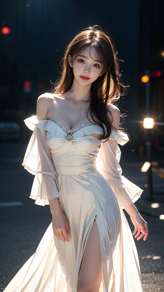 sh33rfl0r4l, long sleeves, black dress, off shoulder, bare shoulders, long dress, see-through, tulle dress, ((knee shot)), ((Shoot at random angles)), ((Visible cleavage)), ((E-cup)), ((I-type Valley)), ((Warm colors)), Galaxy Background, Long-range shooting, A beautiful woman,Elegant posture,Standing,Slender figure。Her legs are slender and straight,Cross placement,Forming a perfect diagonal composition。Head gently sideways,Long blond hair falls naturally,Gently brushing her shoulders。Soft colors,In stark contrast to her fair skin。The edge of the skirt ripples gently,As if swaying in the breeze。Her eyes were gentle,There is a faint smile on the lips。The whole picture looks very harmonious and beautiful