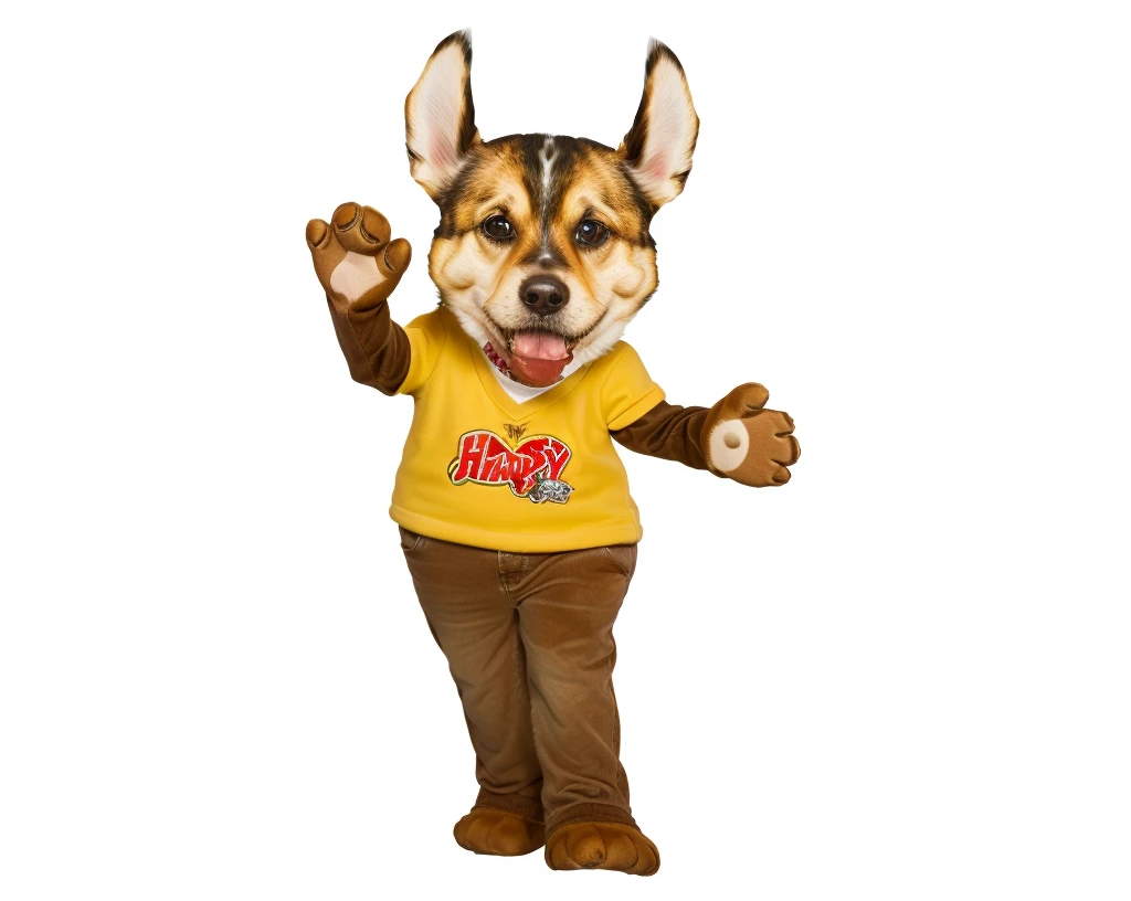 make a realistic caricature of this dog with incredible details, ultra realistic with plush texture, richly detailed texture details, glare reflection in the eyes, happy dog smiling, happy