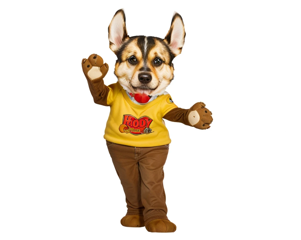 make a realistic caricature of this dog with incredible details, ultra realistic with plush texture, richly detailed texture details, glare reflection in the eyes, happy dog smiling, happy